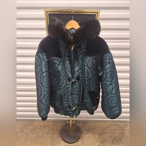 Vintage 80s East West Hooded Puffer Ski Jacket Full Zip Black Fur Trim MEDIUM